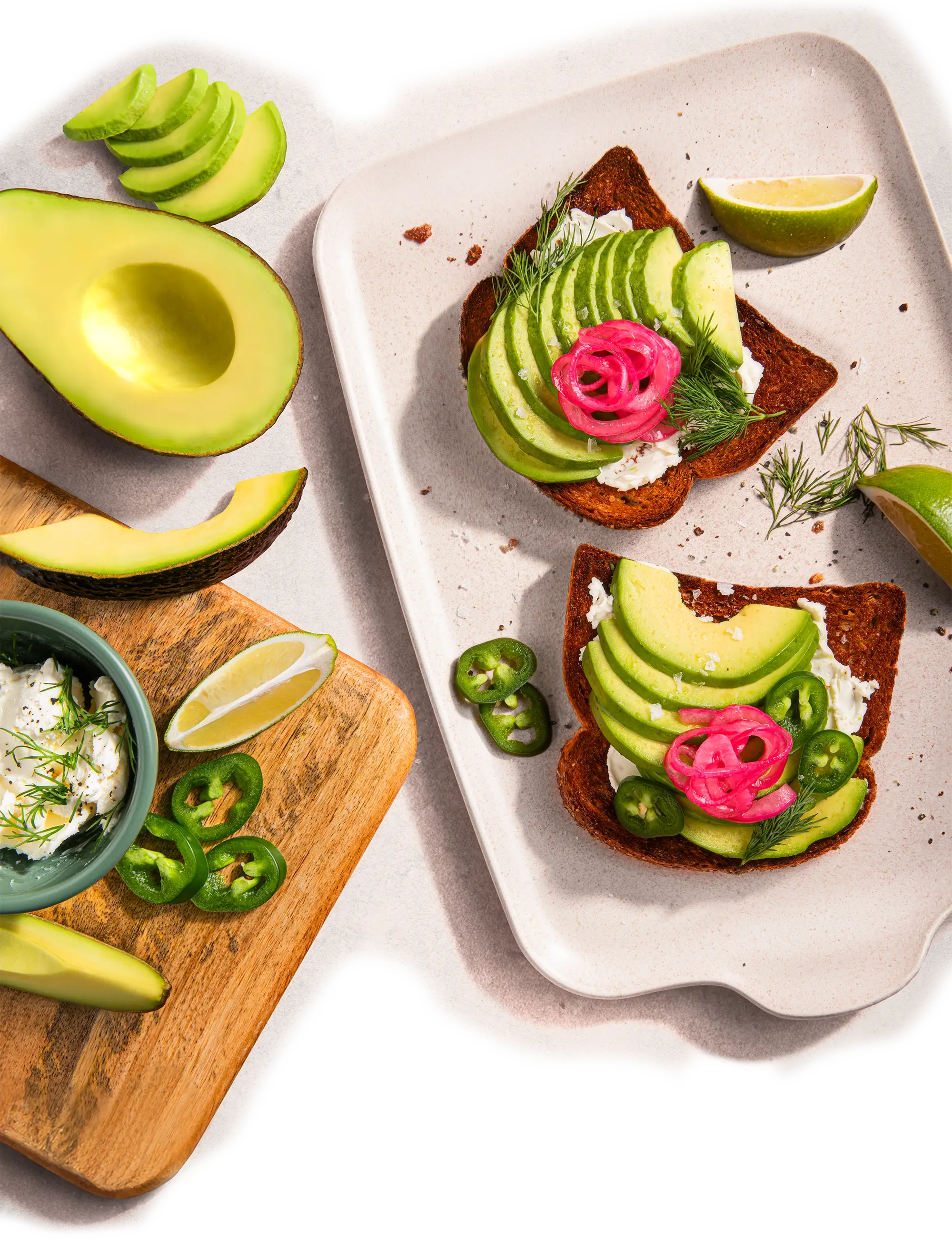 avocados, dips and avocado toast on platters