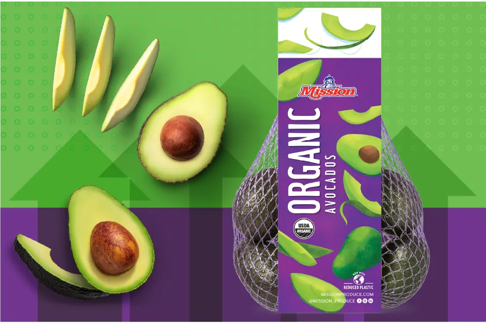 graphic with avocados and a bag of Mission organic avocados