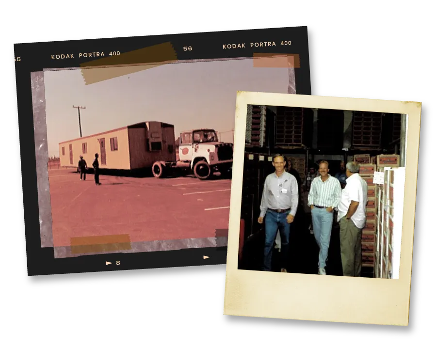 Vintage photo of semi truck overlaid by a vintage photo of 3 men standing in a warehouse