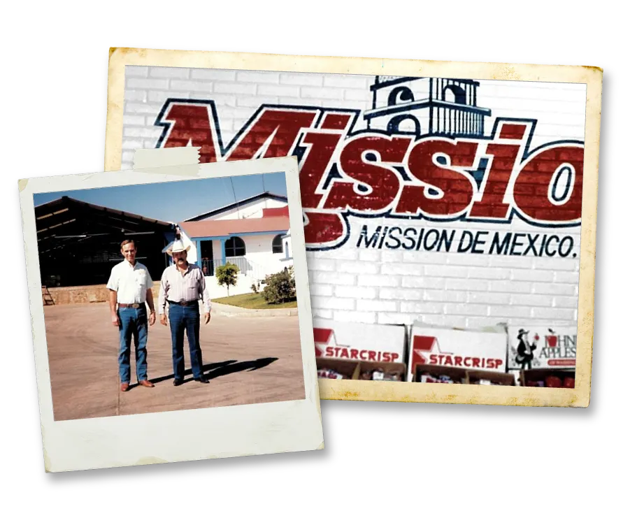 Vintage Photo of Mission De Mexico warehouse overlaid with a vintage photo of two men standing in front of Mexican buildings