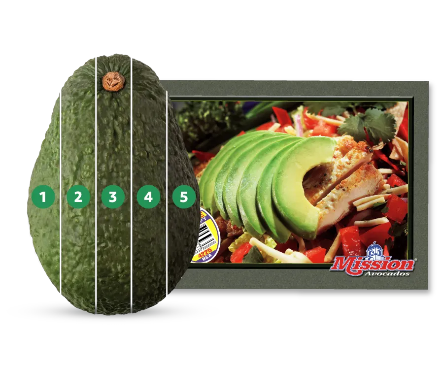 Image of an avocado split into 5 sections, representing the 5 stages of ripeness. And a photo of a peeled and sliced avocado.