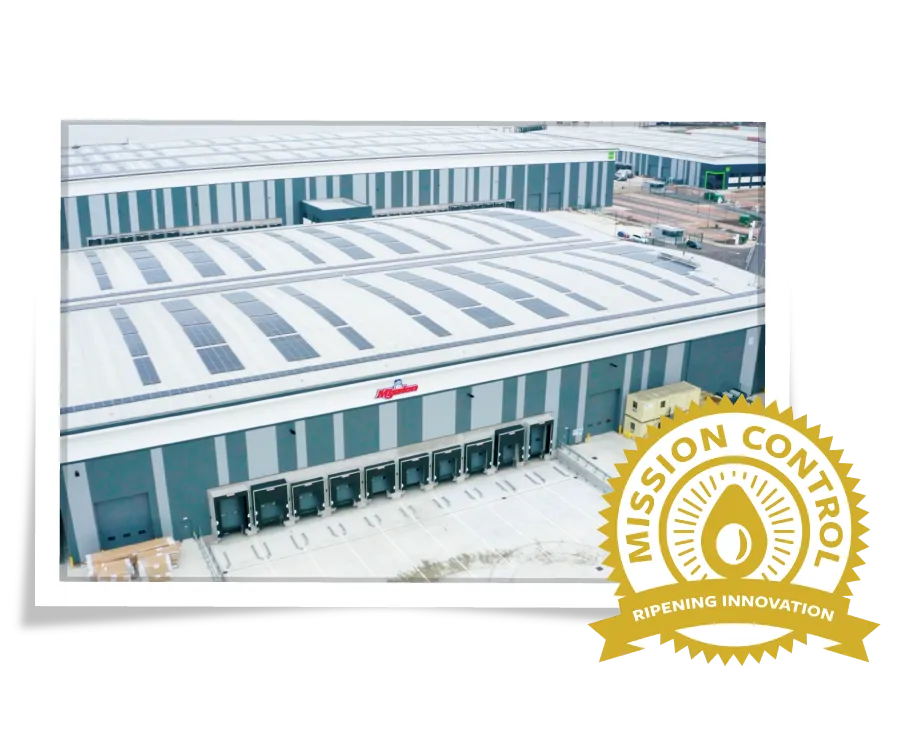 Photo of Mission Distribution Center in the UK overlaid with the Mission Control logo