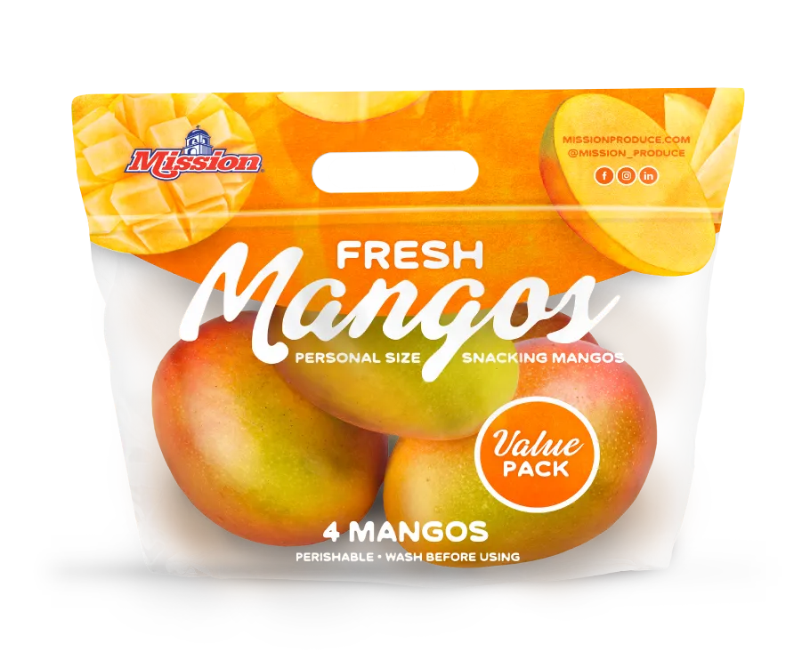 Photo of an orange plastic Mission Fresh Mangos bag