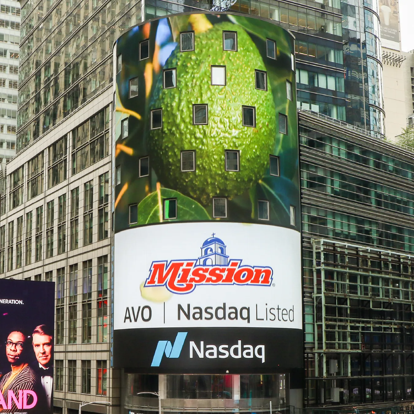 Nasdaq marquee in NY with Mission listed as AVO