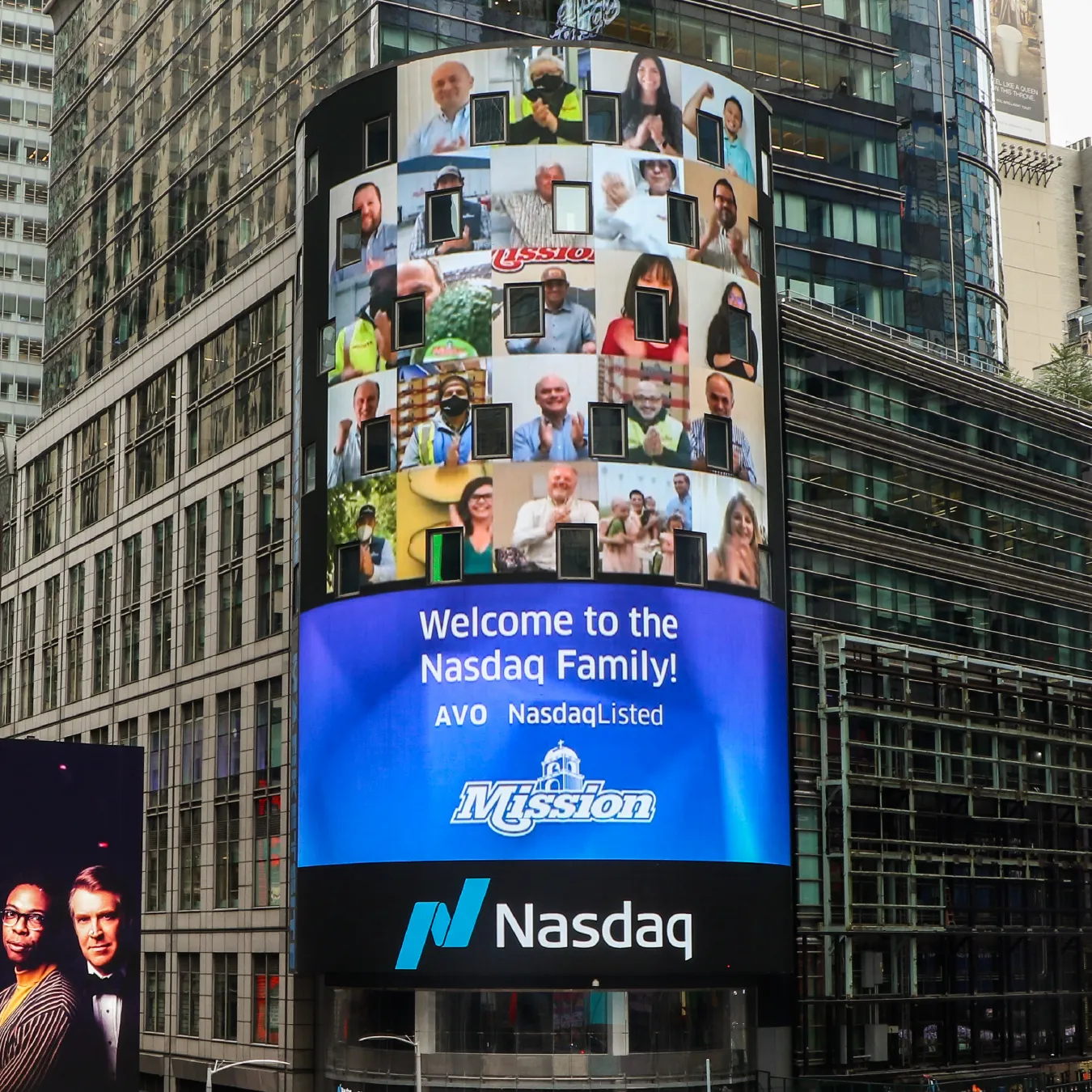 Nasdaq marquee in NY with Mission listed as AVO